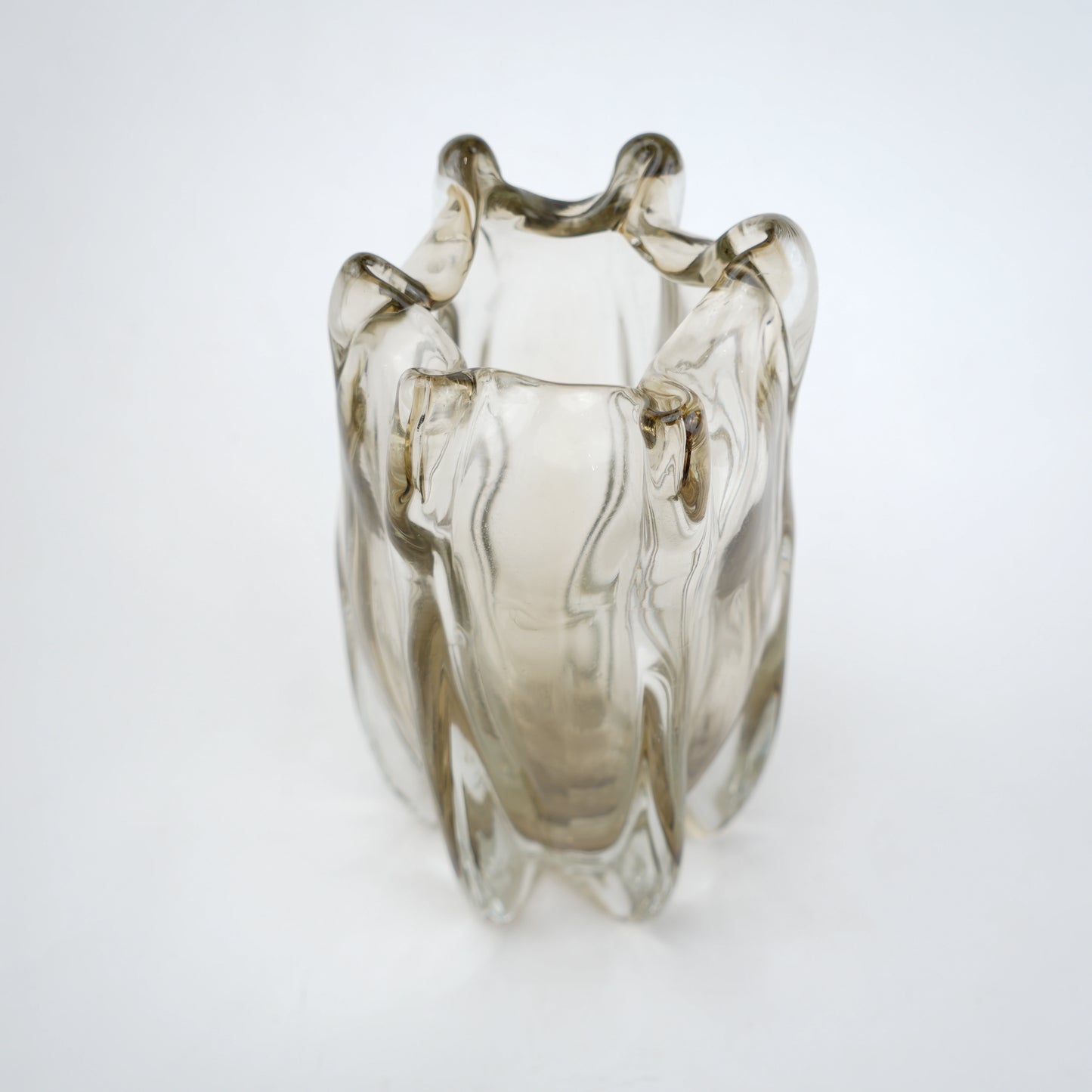 Smoky brown fluted glass decorative vase with scalloped rim