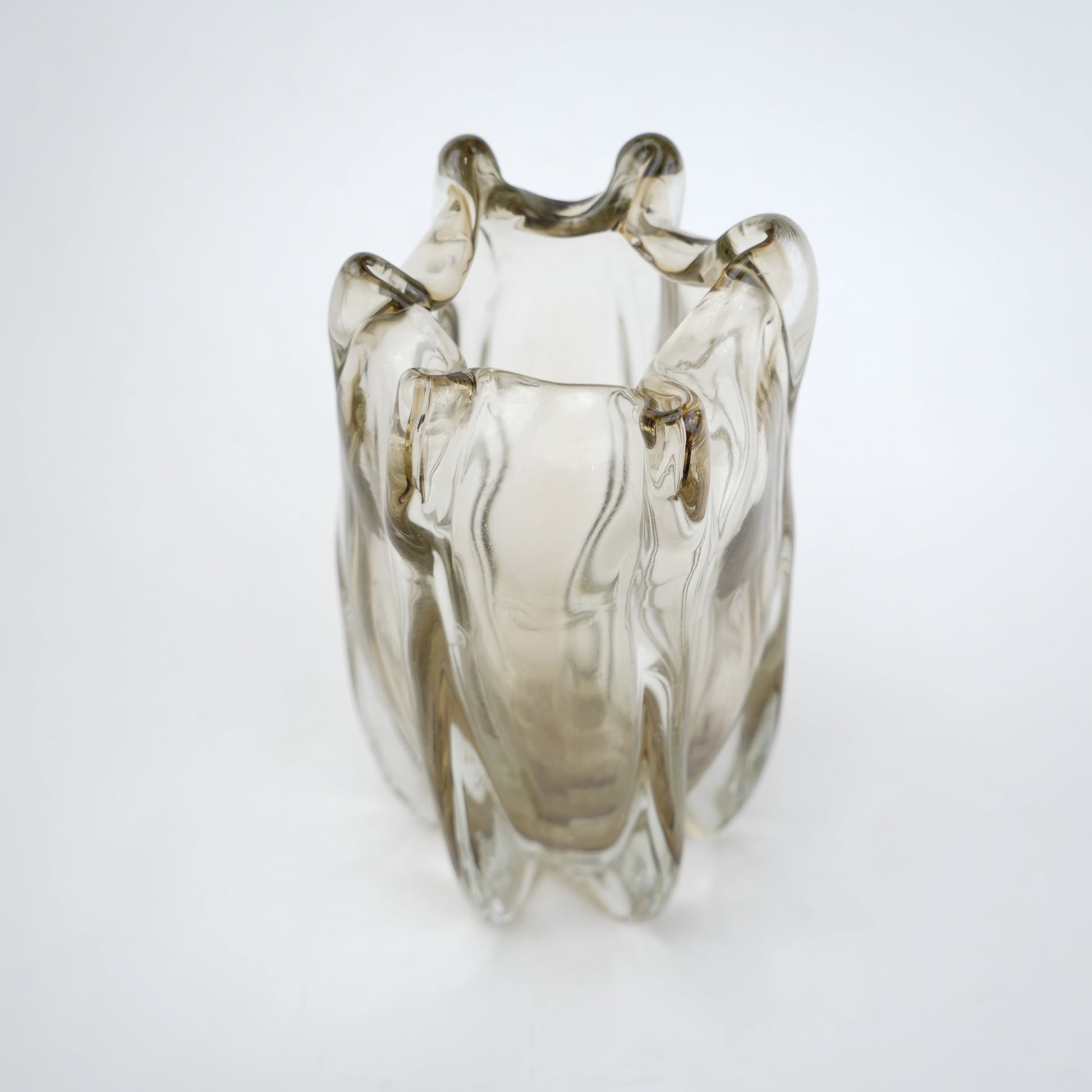 Smoky brown fluted glass decorative vase with scalloped rim