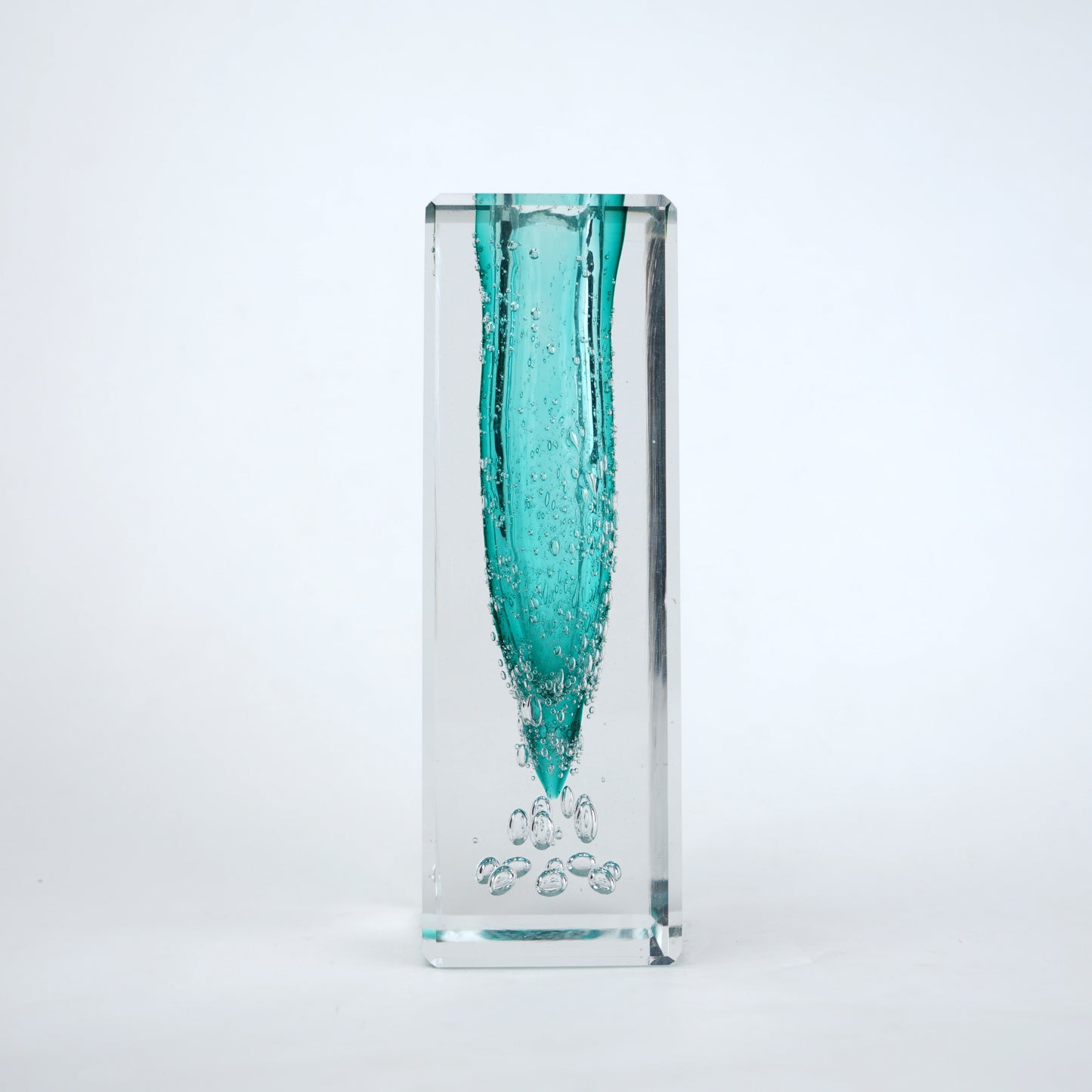 Teal green glass vase with clear rectangular outer body