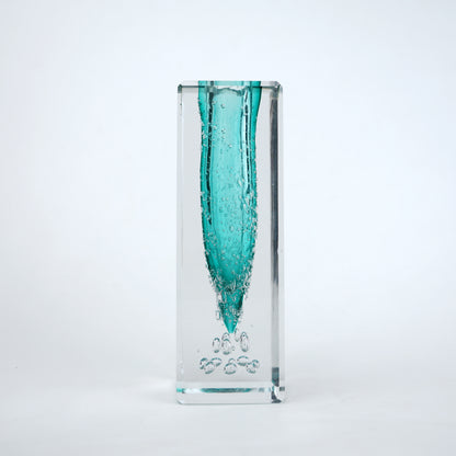 Teal green glass vase with clear rectangular outer body