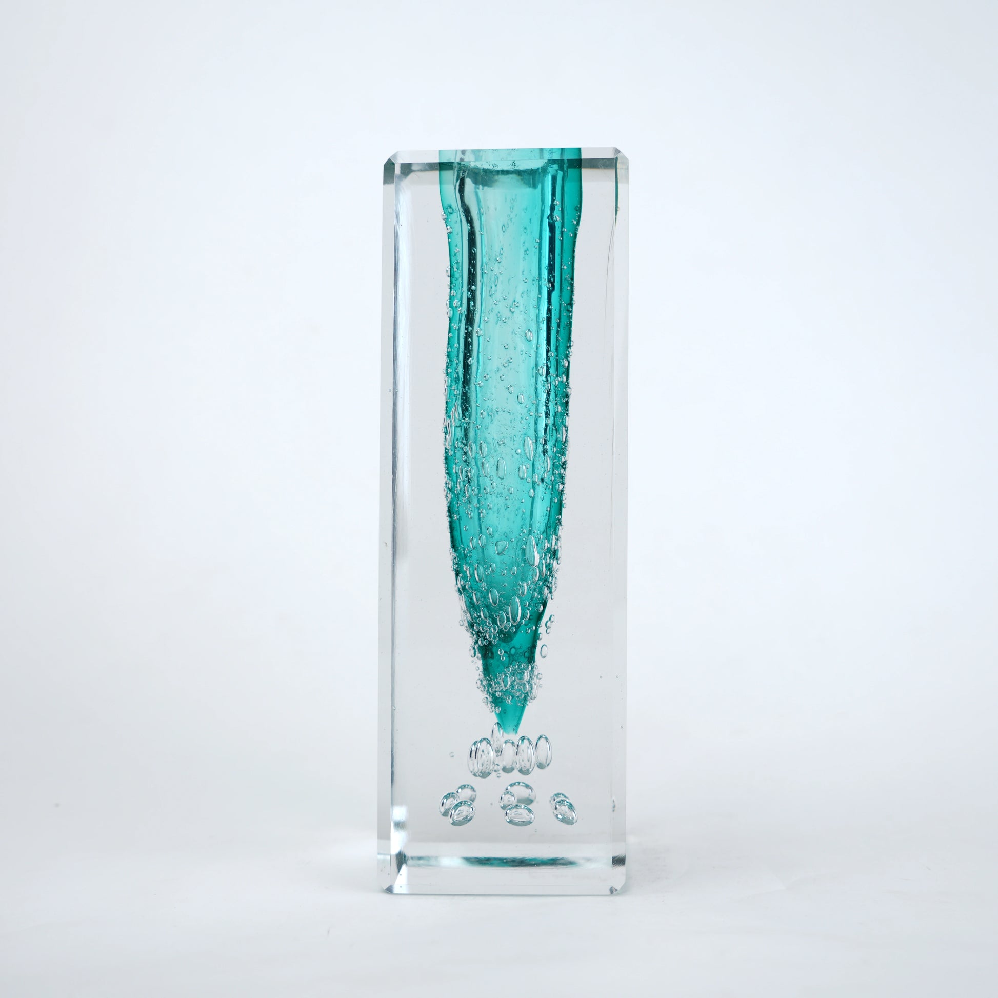 Teal green glass vase with clear rectangular outer body