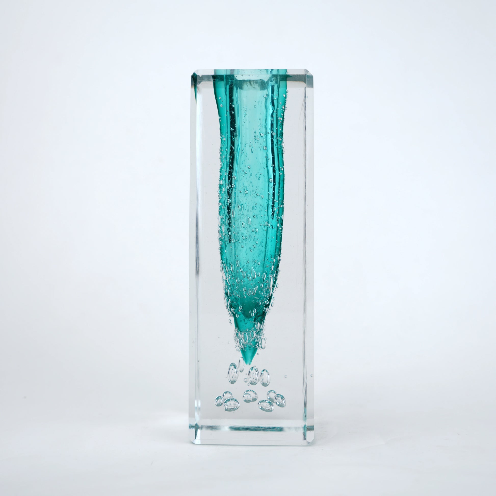 Teal green glass vase with clear rectangular outer body