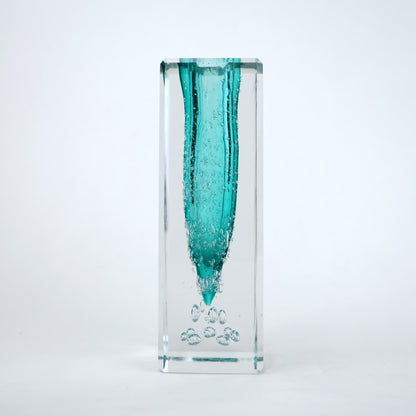 Teal green glass vase with clear rectangular outer body