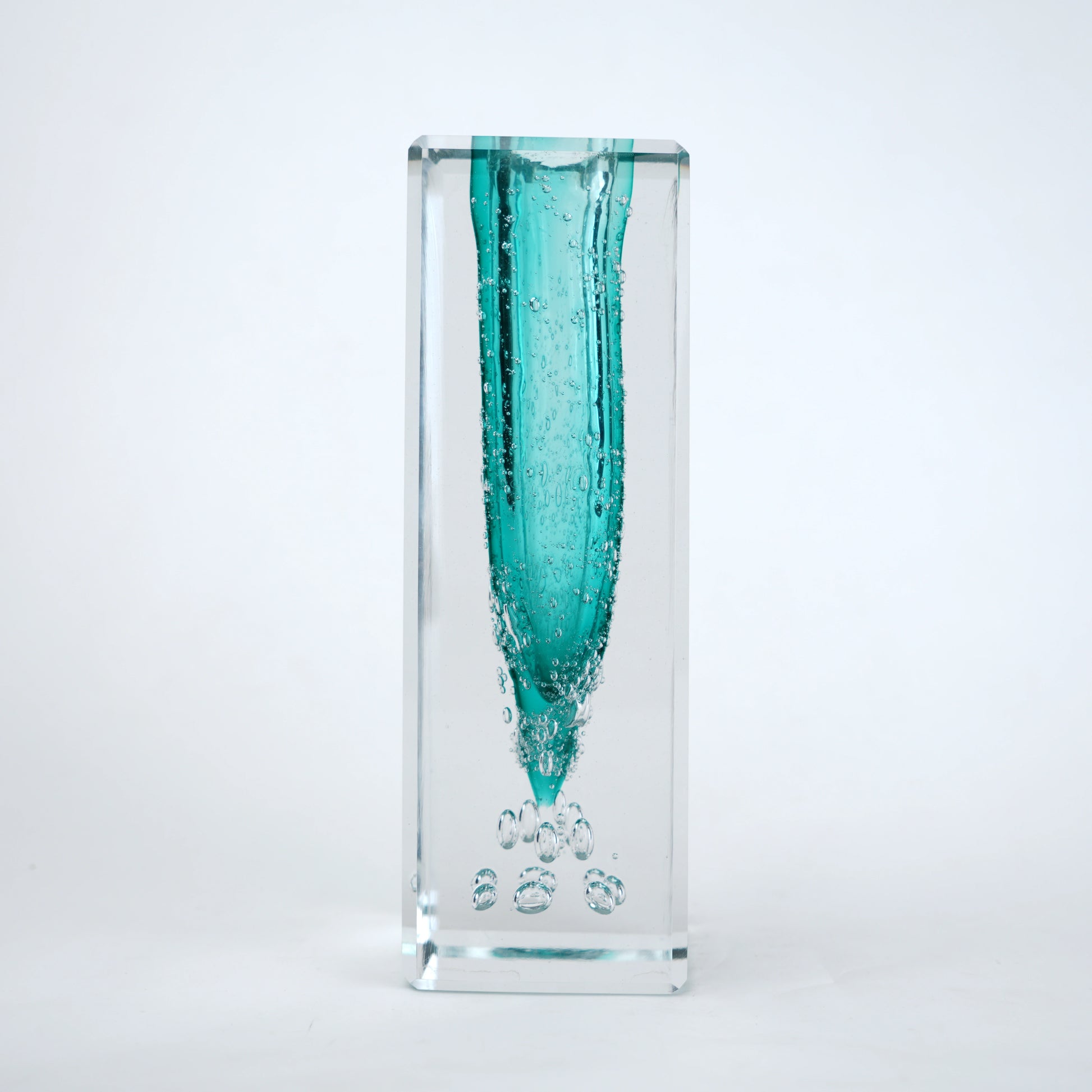 Teal green glass vase with clear rectangular outer body