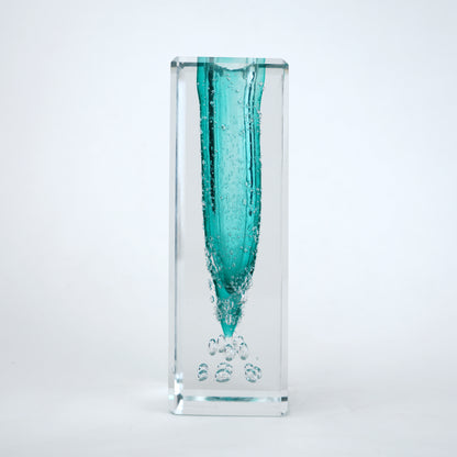 Teal green glass vase with clear rectangular outer body