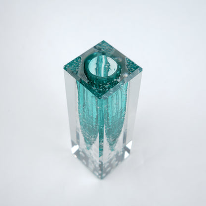 Teal green glass vase with clear rectangular outer body