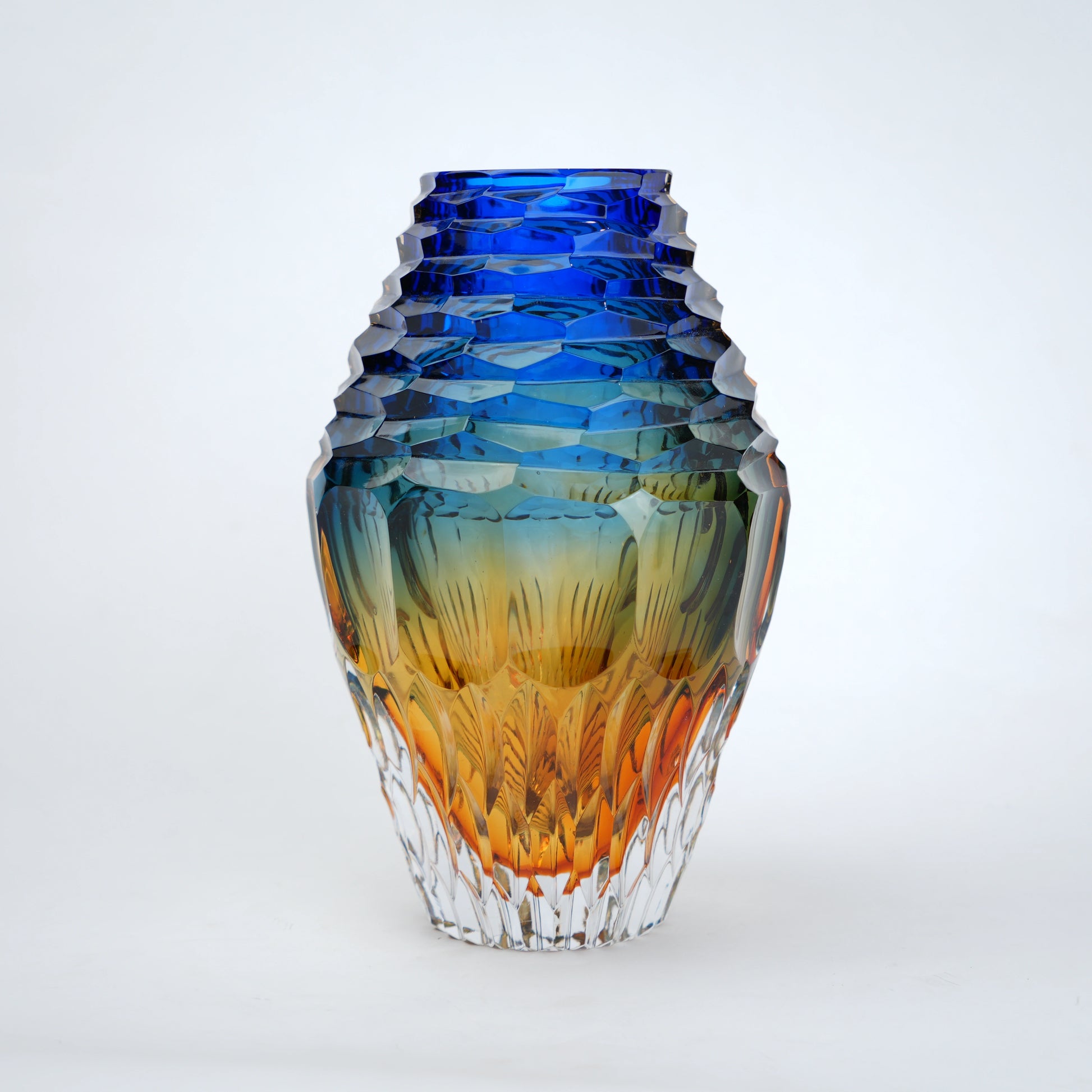 chromara facet glass vase with blue amber gradient and geometric cut design