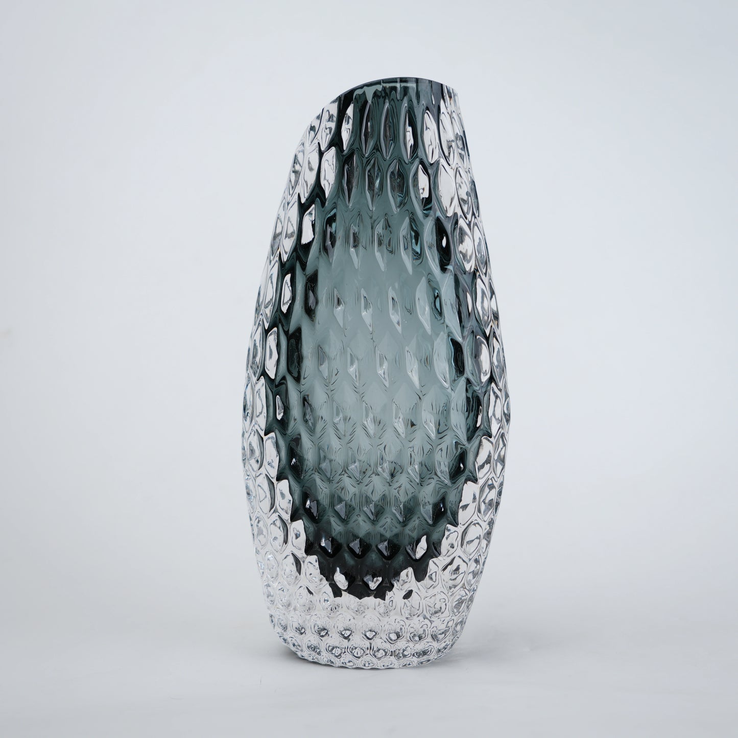 Smoke grey honeycomb textured oval glass vase