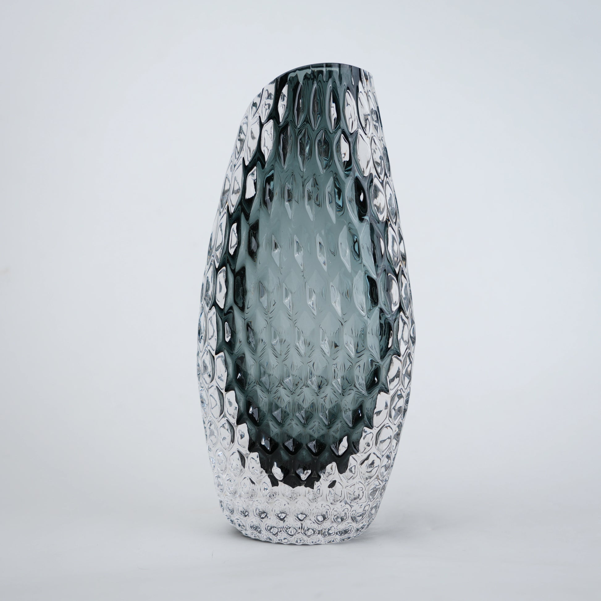 Smoke grey honeycomb textured oval glass vase