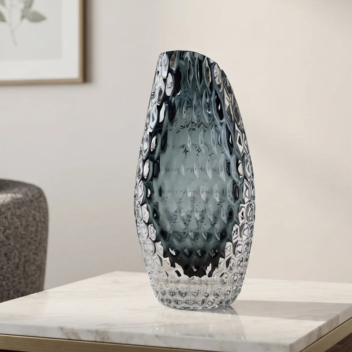 Smoke grey honeycomb textured oval glass vase