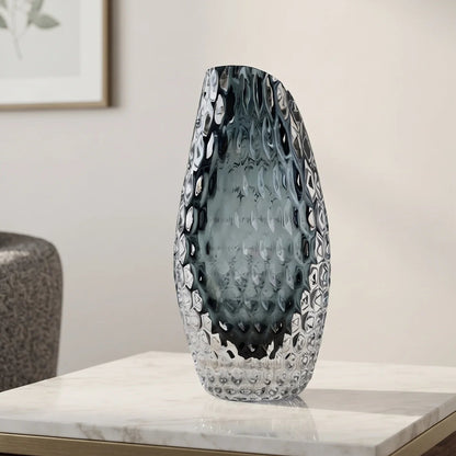 Smoke grey honeycomb textured oval glass vase