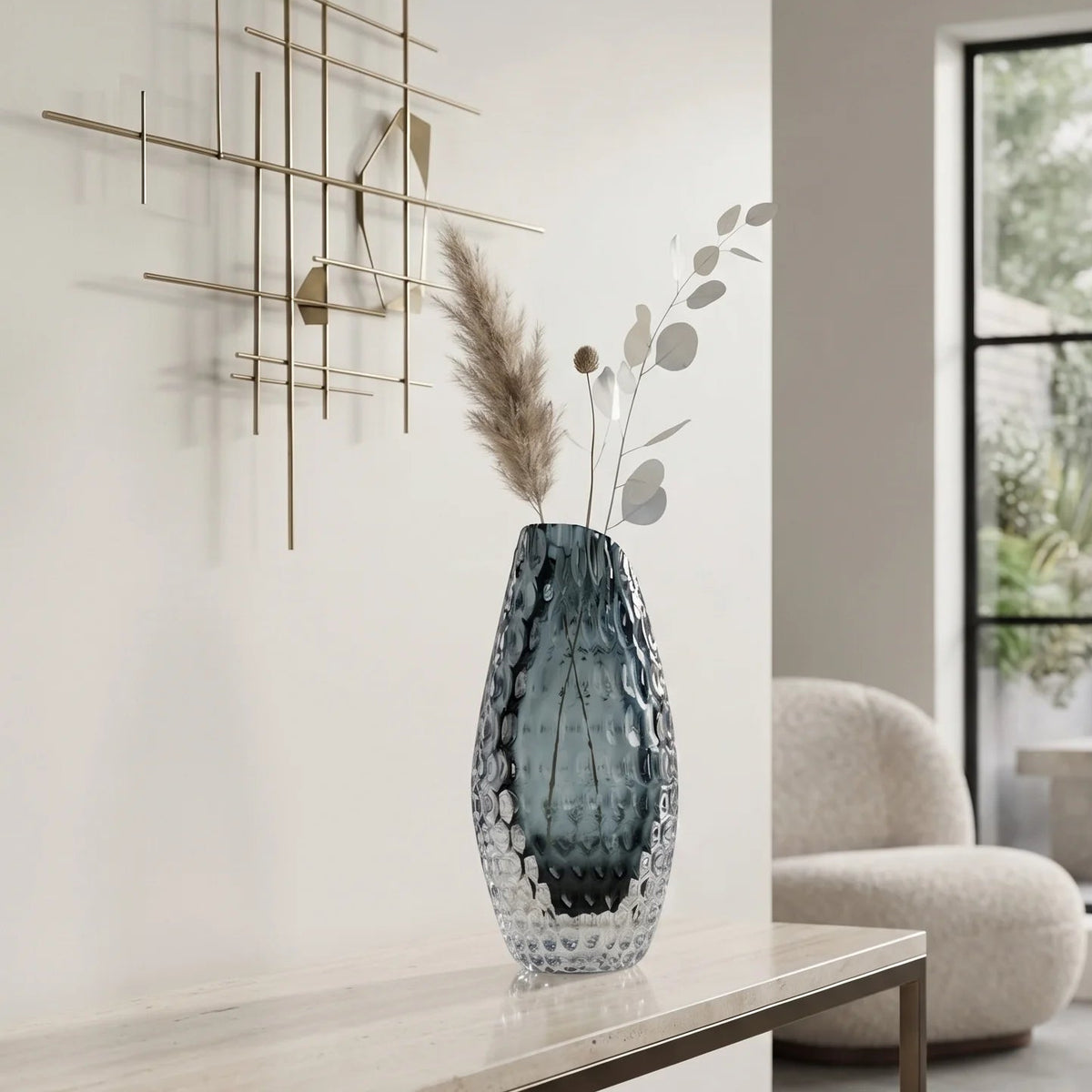Smoke grey honeycomb textured oval glass vase