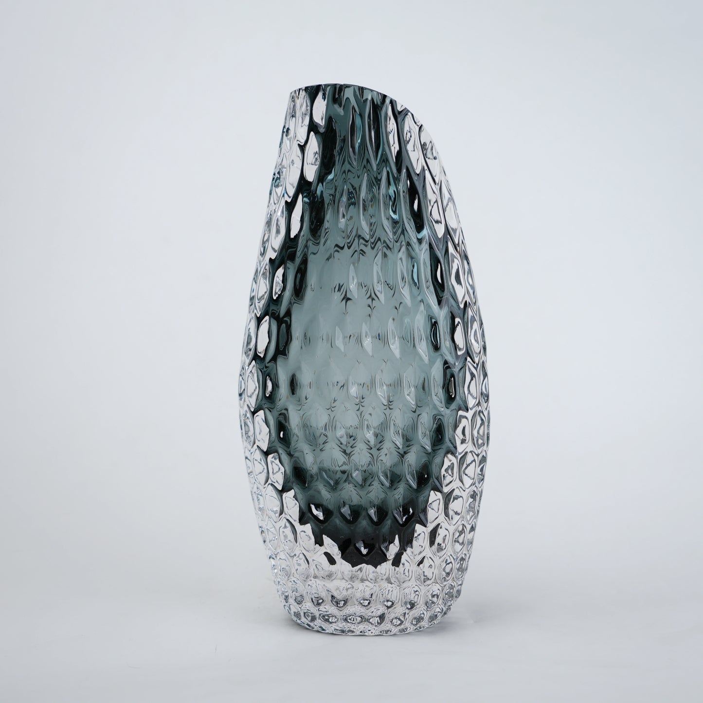 Smoke grey honeycomb textured oval glass vase