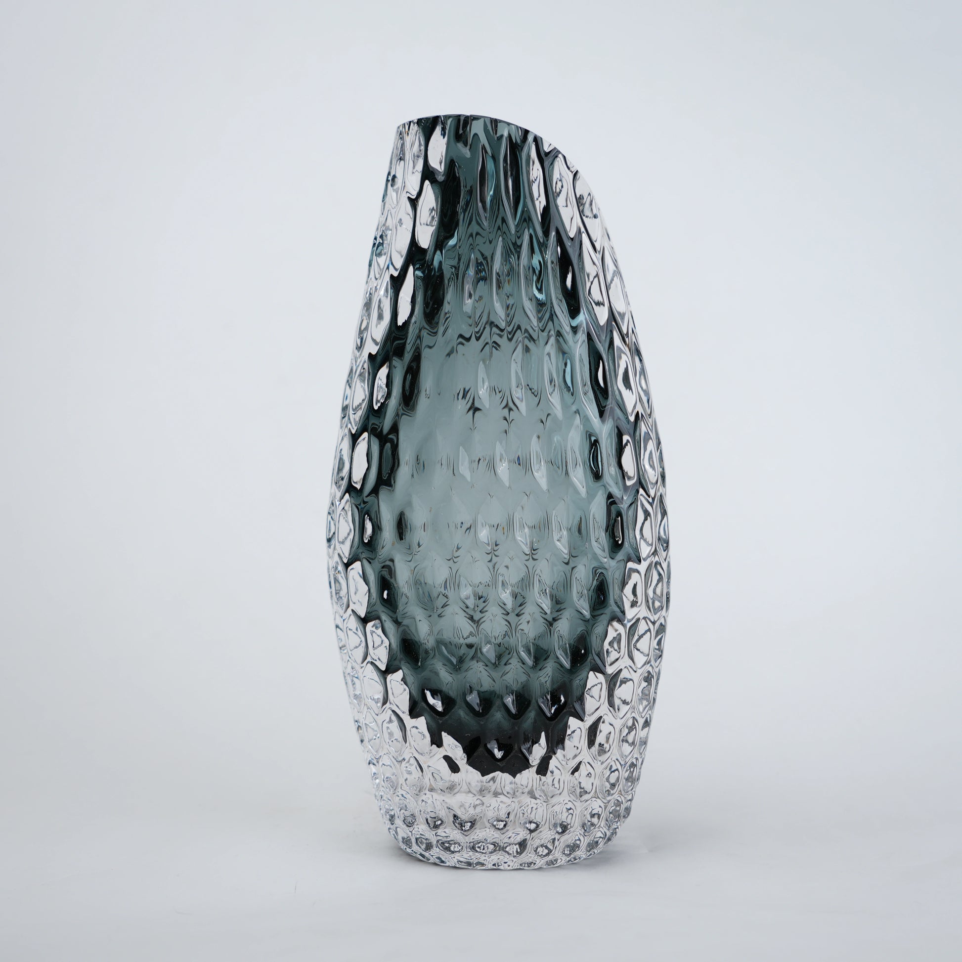 Smoke grey honeycomb textured oval glass vase