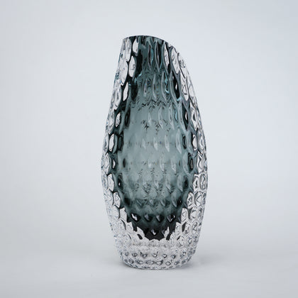 Smoke grey honeycomb textured oval glass vase