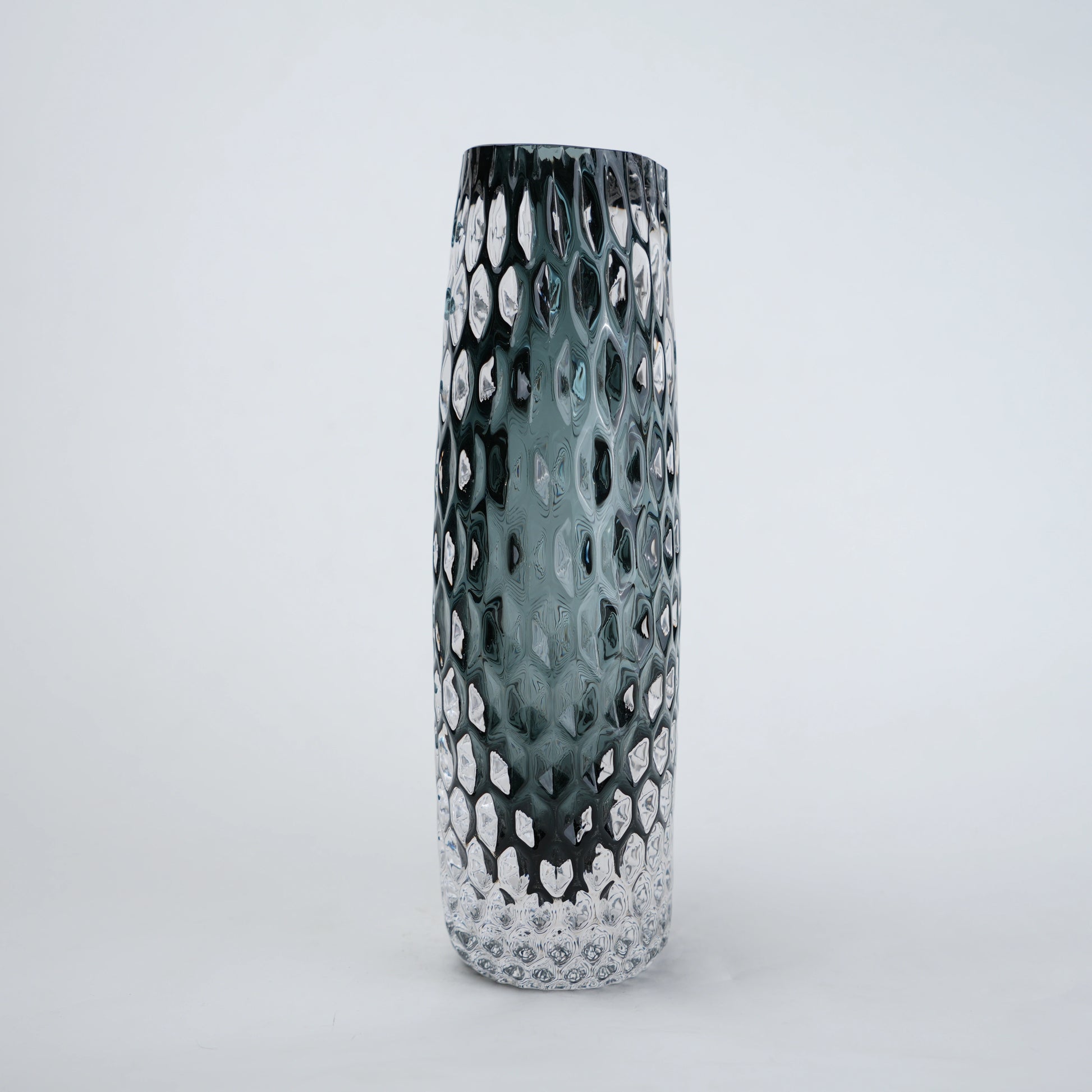 Smoke grey honeycomb textured oval glass vase