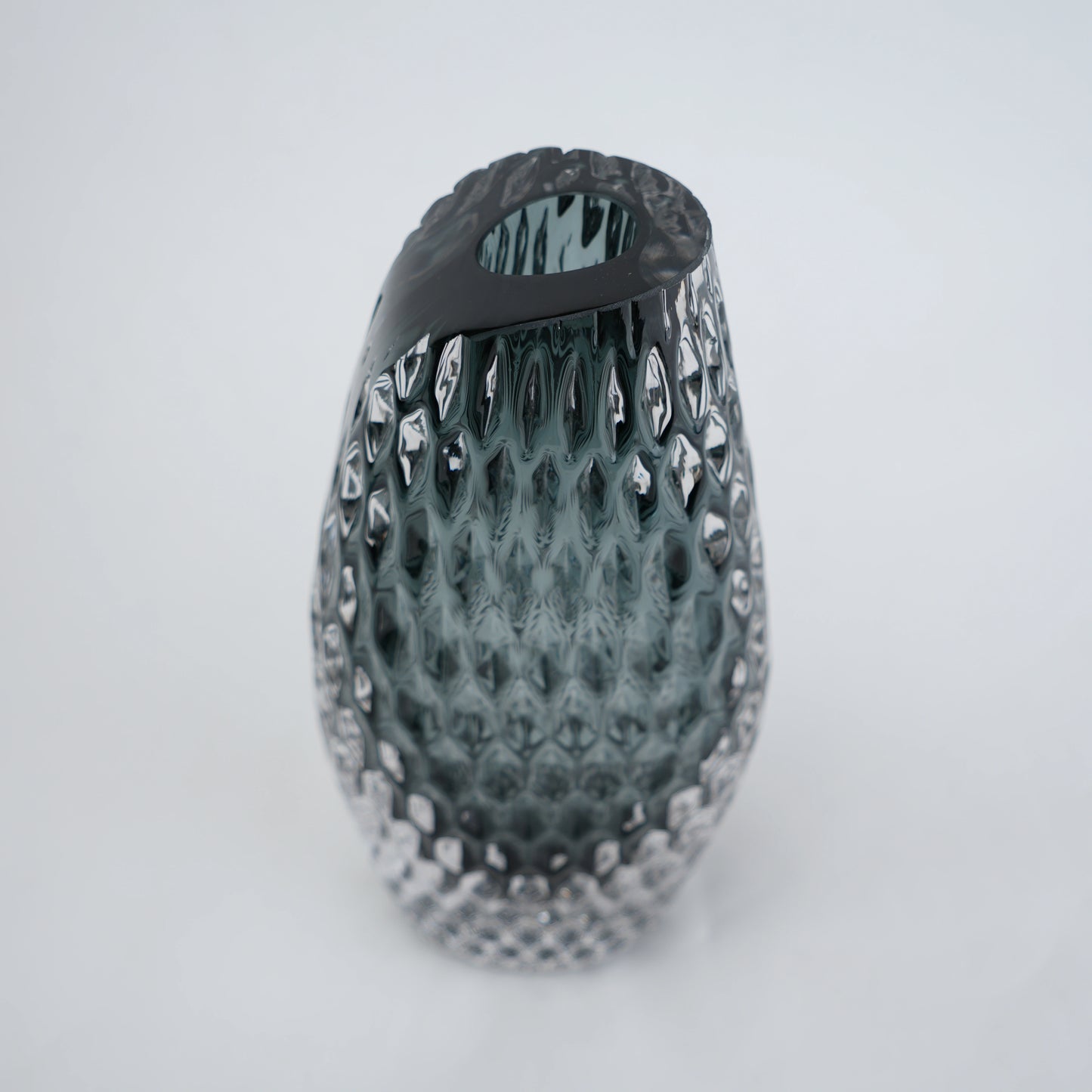 Smoke grey honeycomb textured oval glass vase
