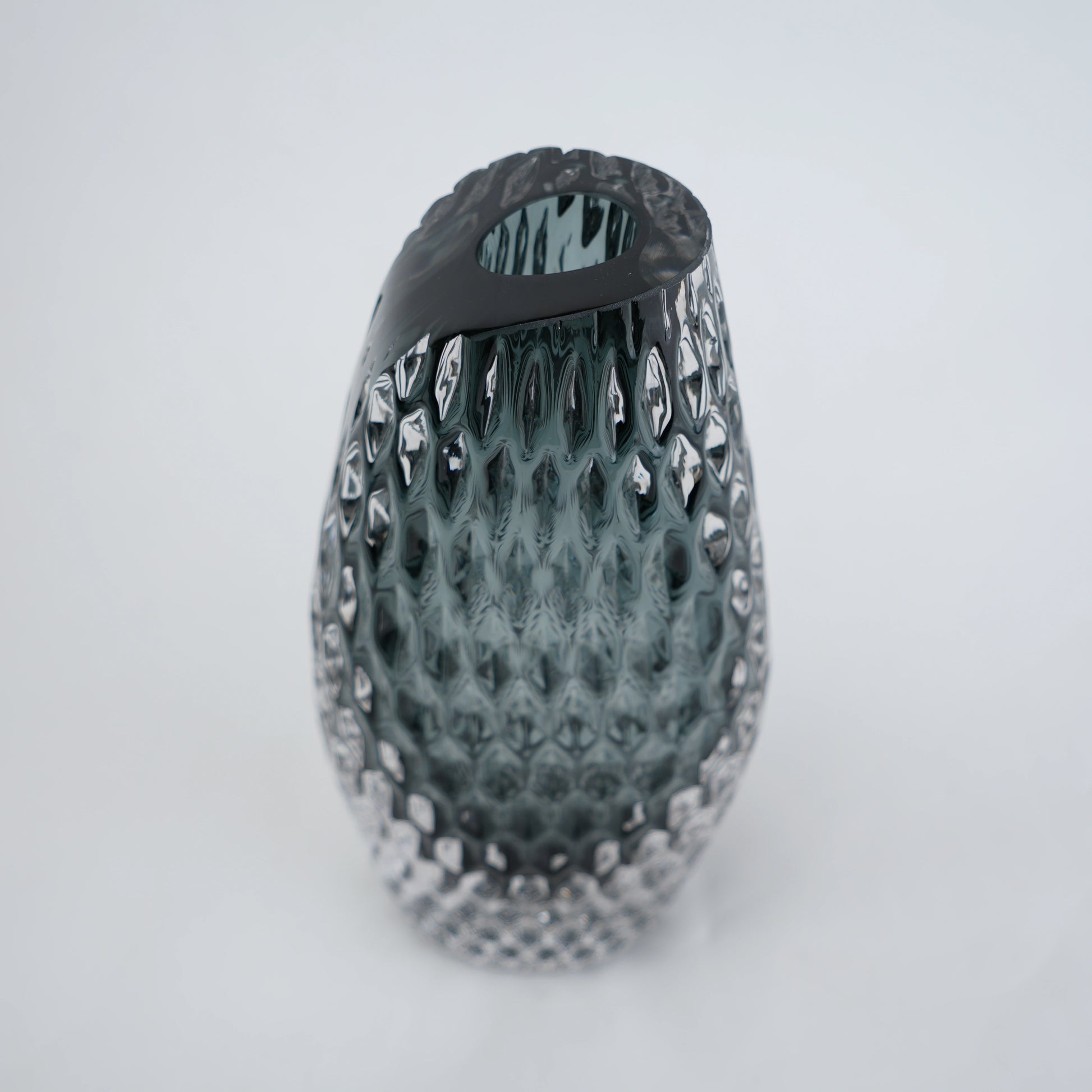 Smoke grey honeycomb textured oval glass vase