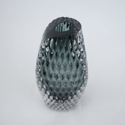 Smoke grey honeycomb textured oval glass vase