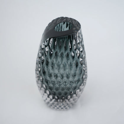Smoke grey honeycomb textured oval glass vase