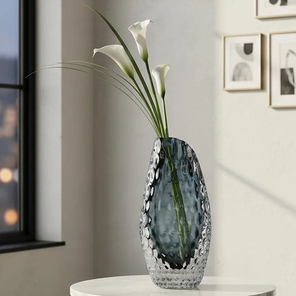 Smoke grey honeycomb textured oval glass vase