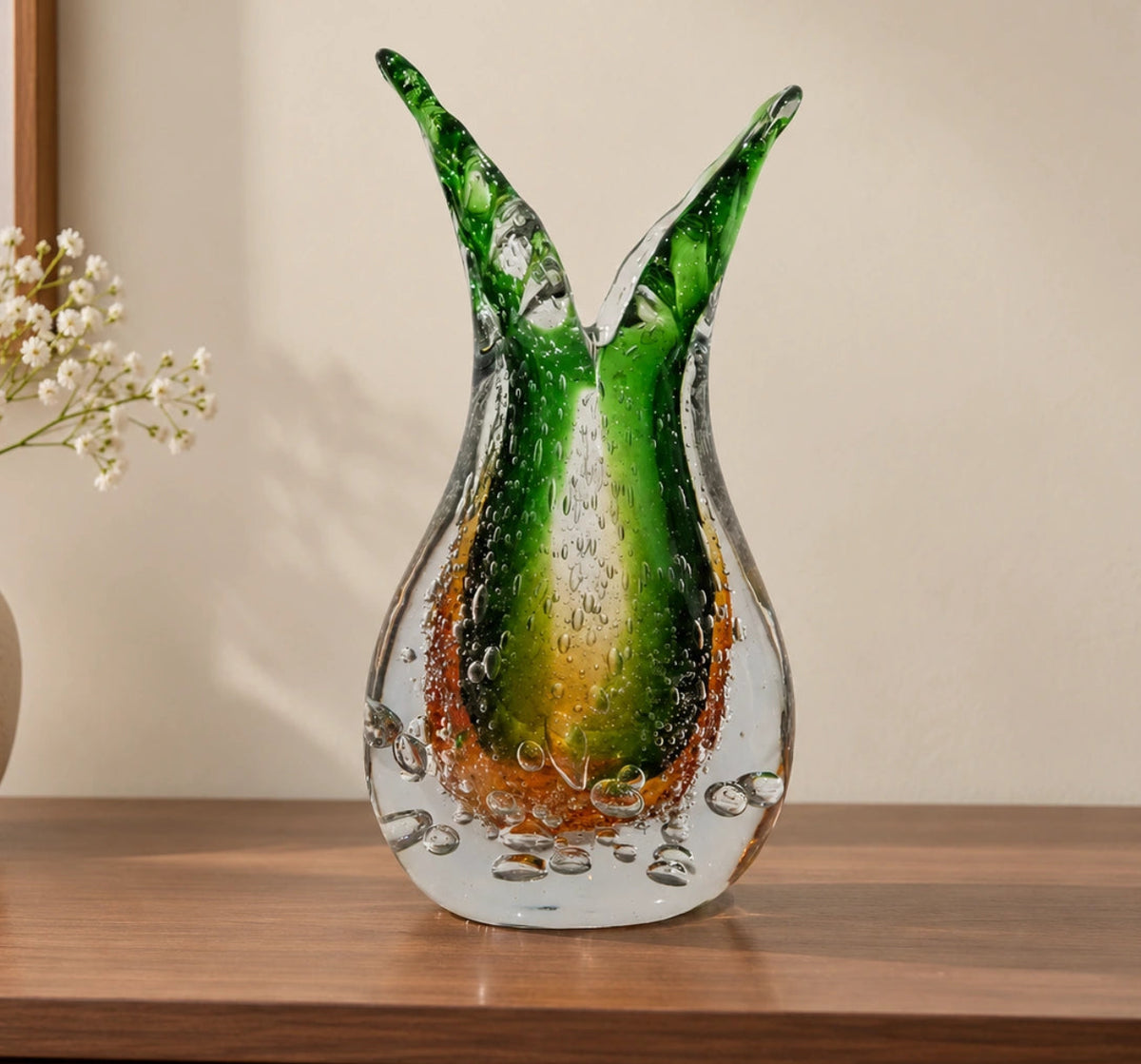 Dual Flare Green Glass Vase