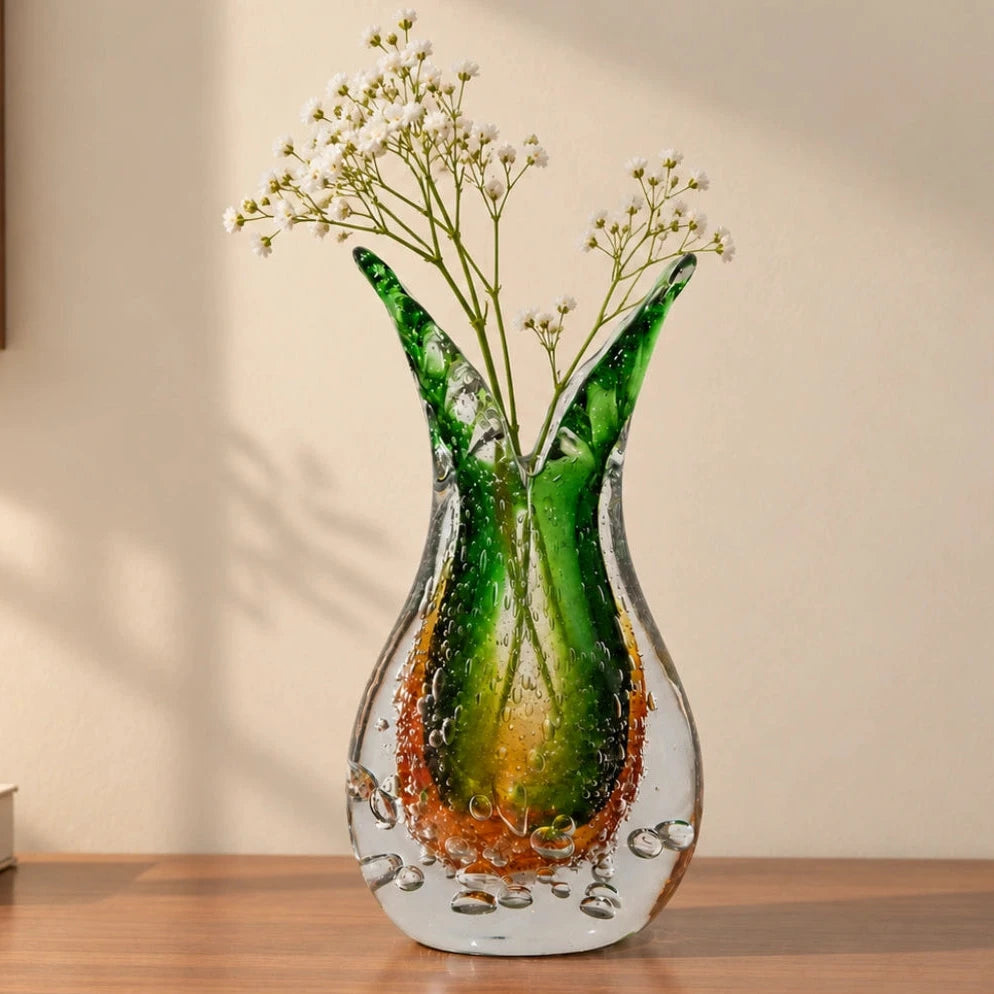 Dual Flare Green Glass Vase