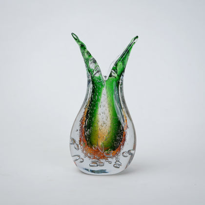tall green and amber gradient arc shaped glass vase