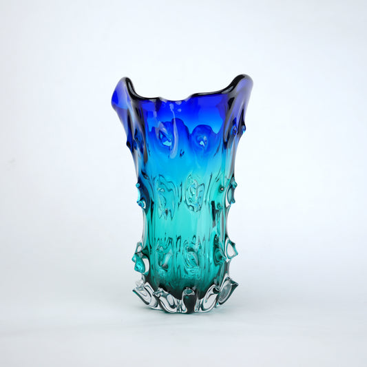 Blue and teal gradient flared wave rim glass vase