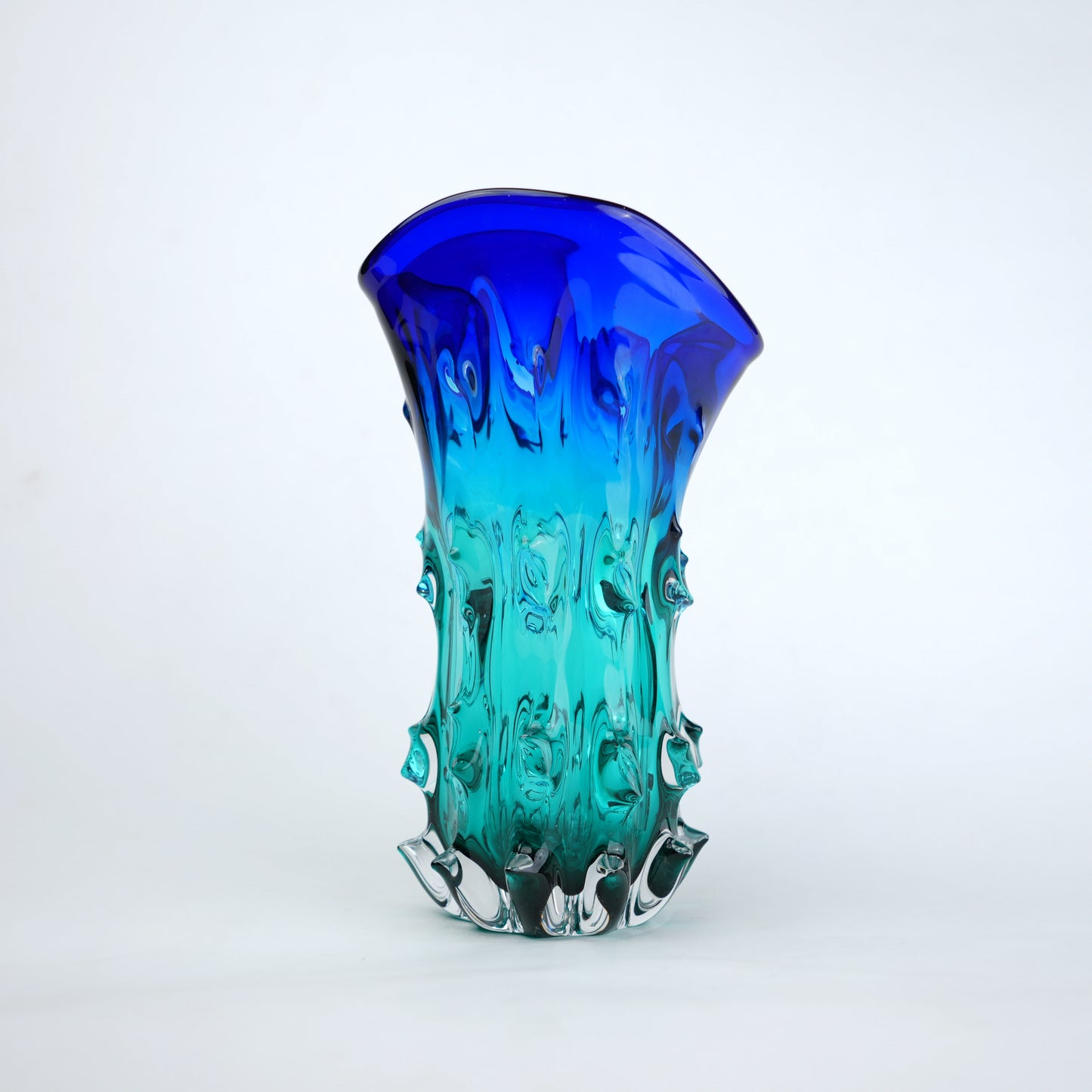 Blue and teal gradient flared wave rim glass vase