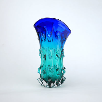 Blue and teal gradient flared wave rim glass vase