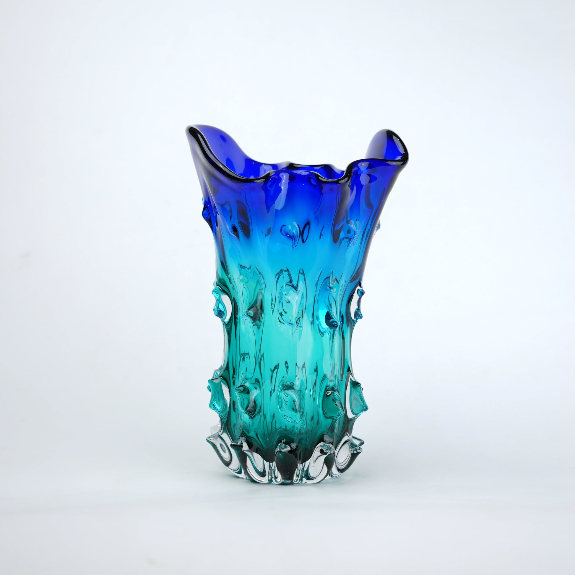 Blue and teal gradient flared wave rim glass vase