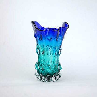 Blue and teal gradient flared wave rim glass vase