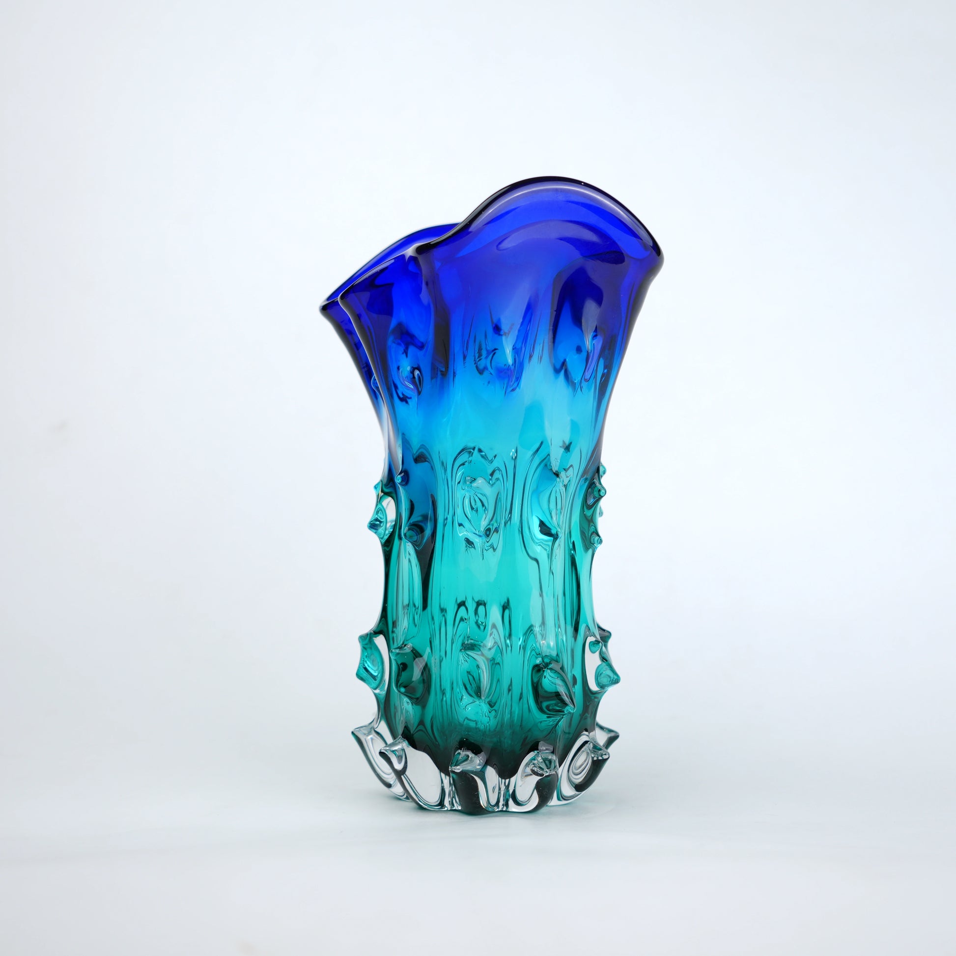 Blue and teal gradient flared wave rim glass vase
