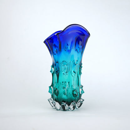Blue and teal gradient flared wave rim glass vase