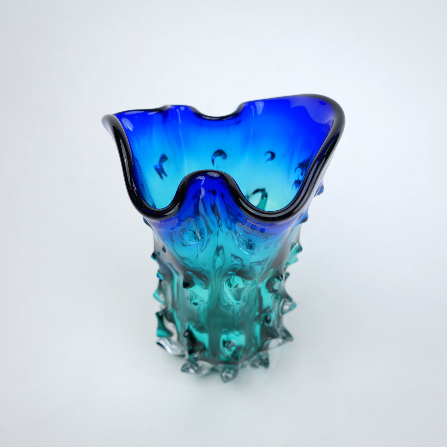 Blue and teal gradient flared wave rim glass vase