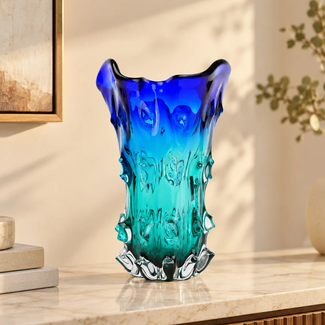 Blue and teal gradient flared wave rim glass vase