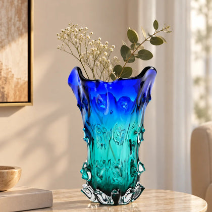 Blue and teal gradient flared wave rim glass vase