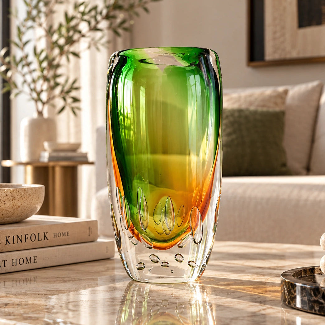 Leaf green tall decorative glass vase