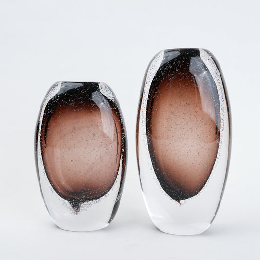 Amber brown oval decorative glass vase with stem opening