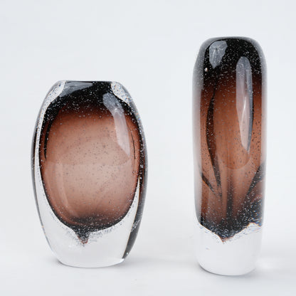Amber brown oval decorative glass vase with stem opening