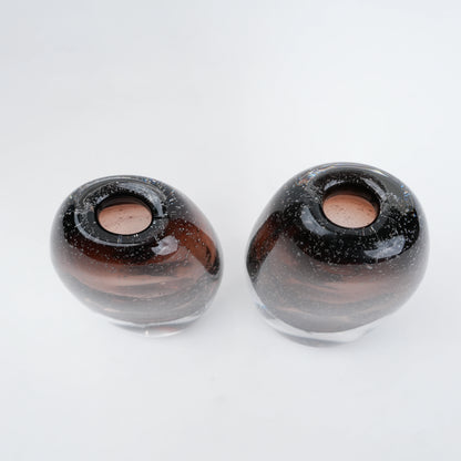 Amber oval vase pair, top-down scale shot
