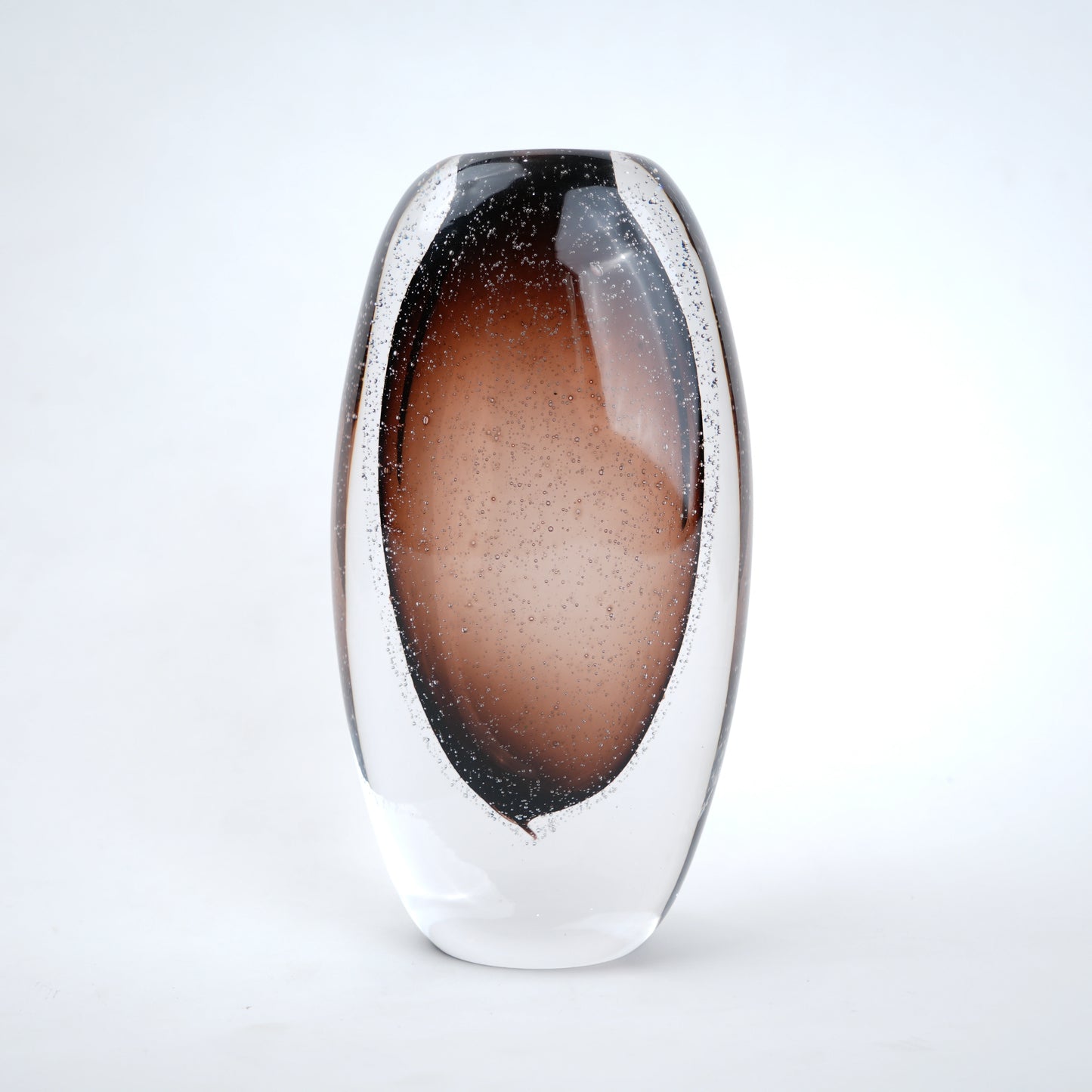Amber brown oval decorative glass vase with stem opening