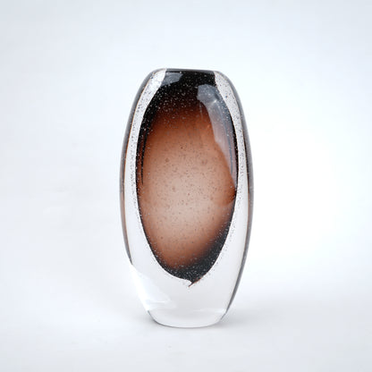 Amber brown oval decorative glass vase with stem opening