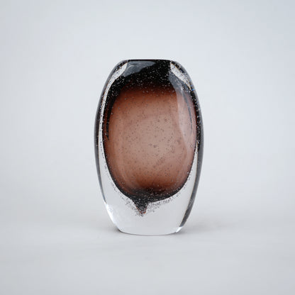 Amber brown oval decorative glass vase with stem opening