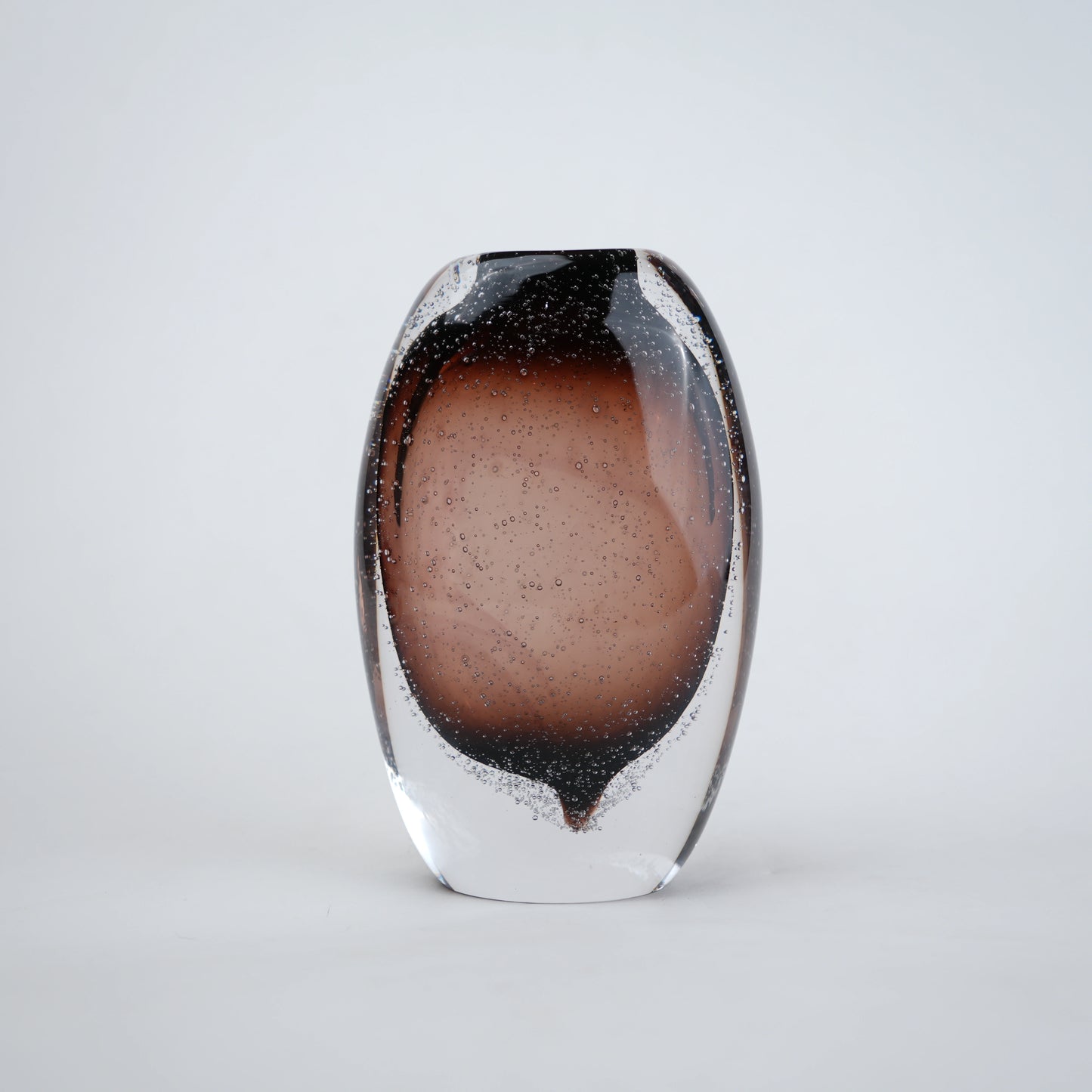 Amber brown oval decorative glass vase with stem opening