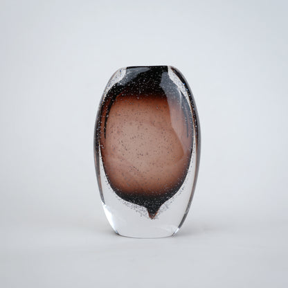 Amber brown oval decorative glass vase with stem opening