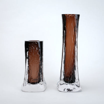 Brown mocha glass vase with clear textured base and glossy cylindrical body designed for modern home decor