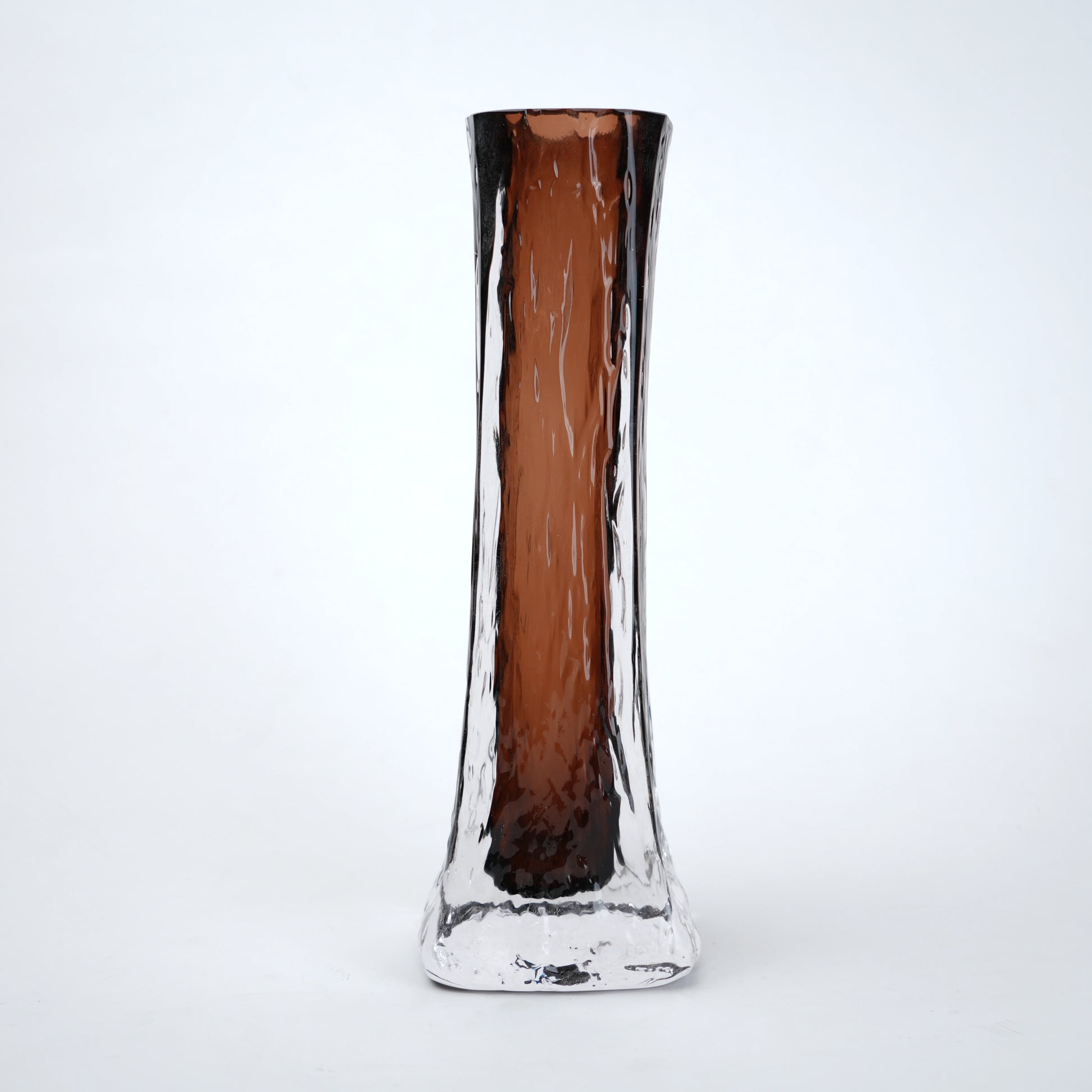 Modern brown glass vase with smooth upper surface and textured clear base suitable for table and shelf decor