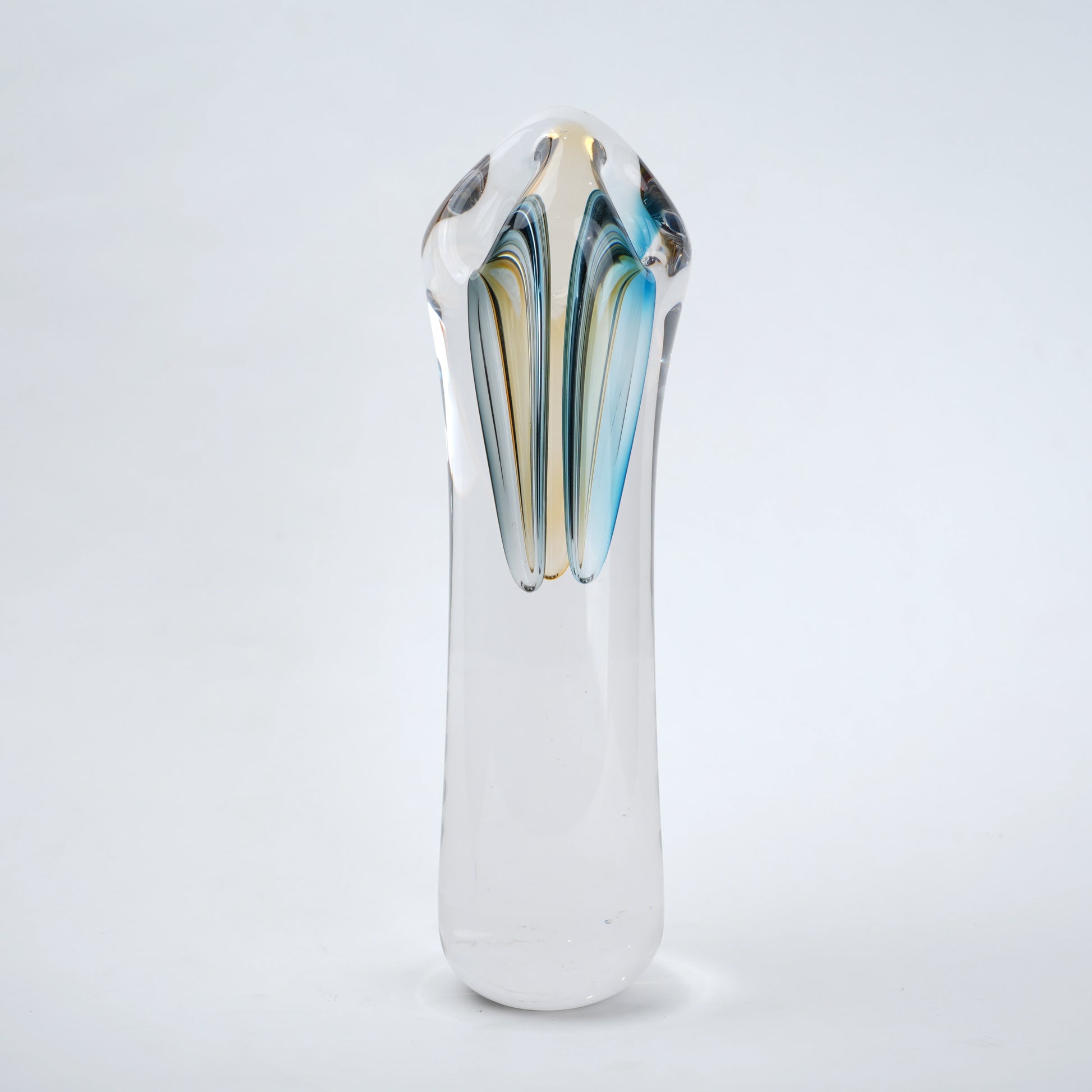 Handblown clear glass decorative vase set with multicolor internal swirl design